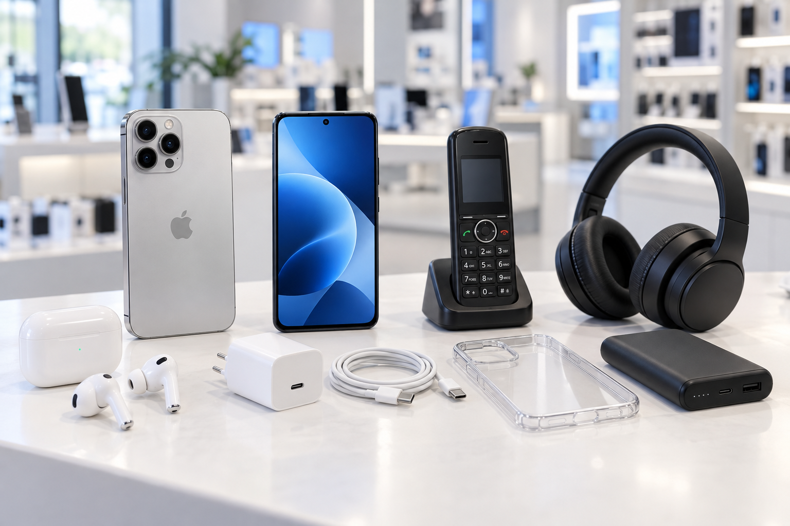 Esposizione di telefoni cellulari, telefoni fissi e accessori